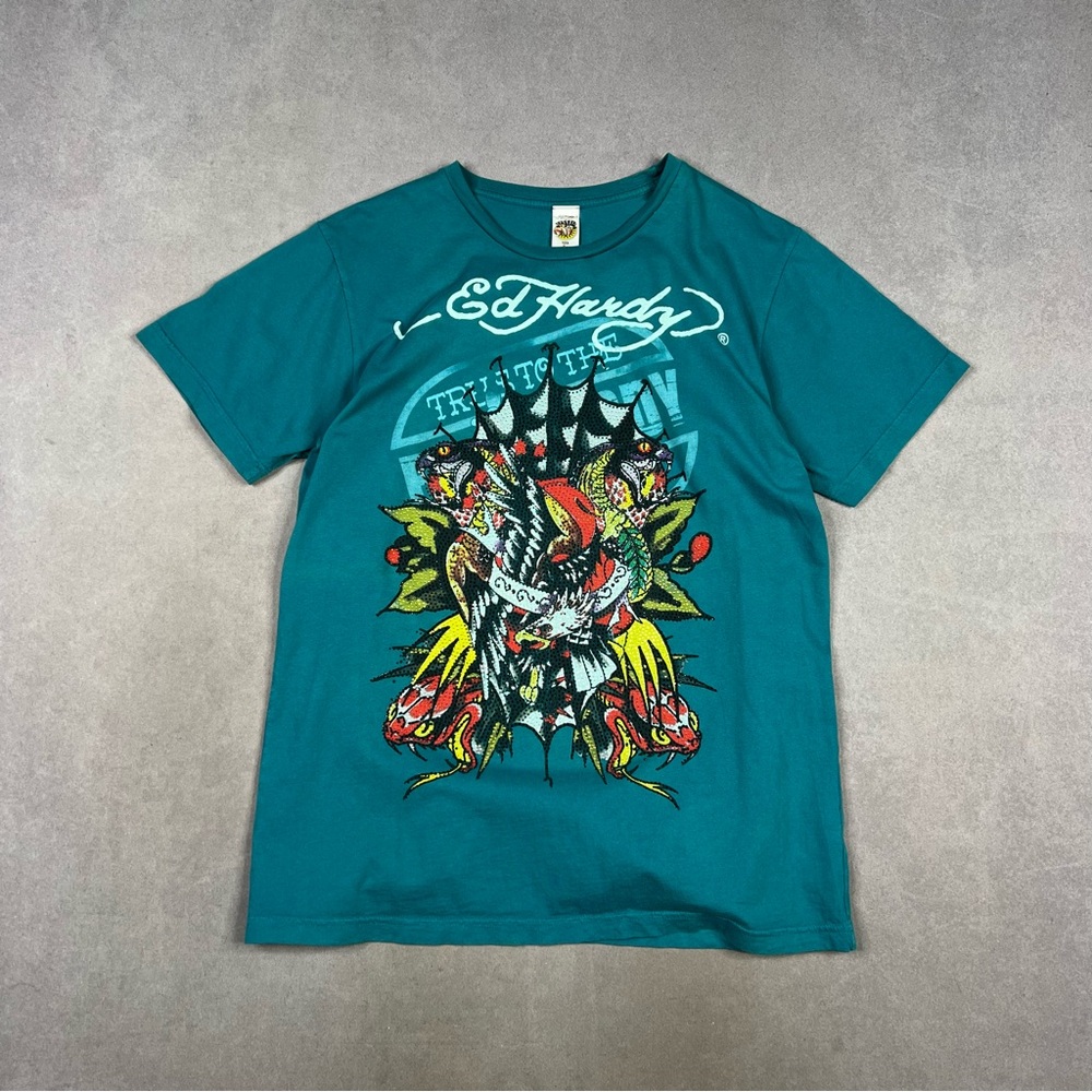 Ed Hardy Teal Graphic Tee Y2K Cyber